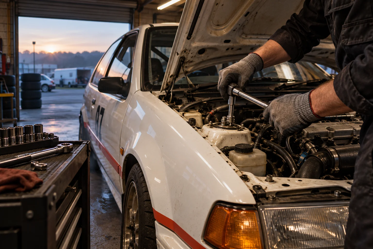 Concept artwork of a gloved owner-driver preparing a white number 07 racing hatchback in a modest workshop.