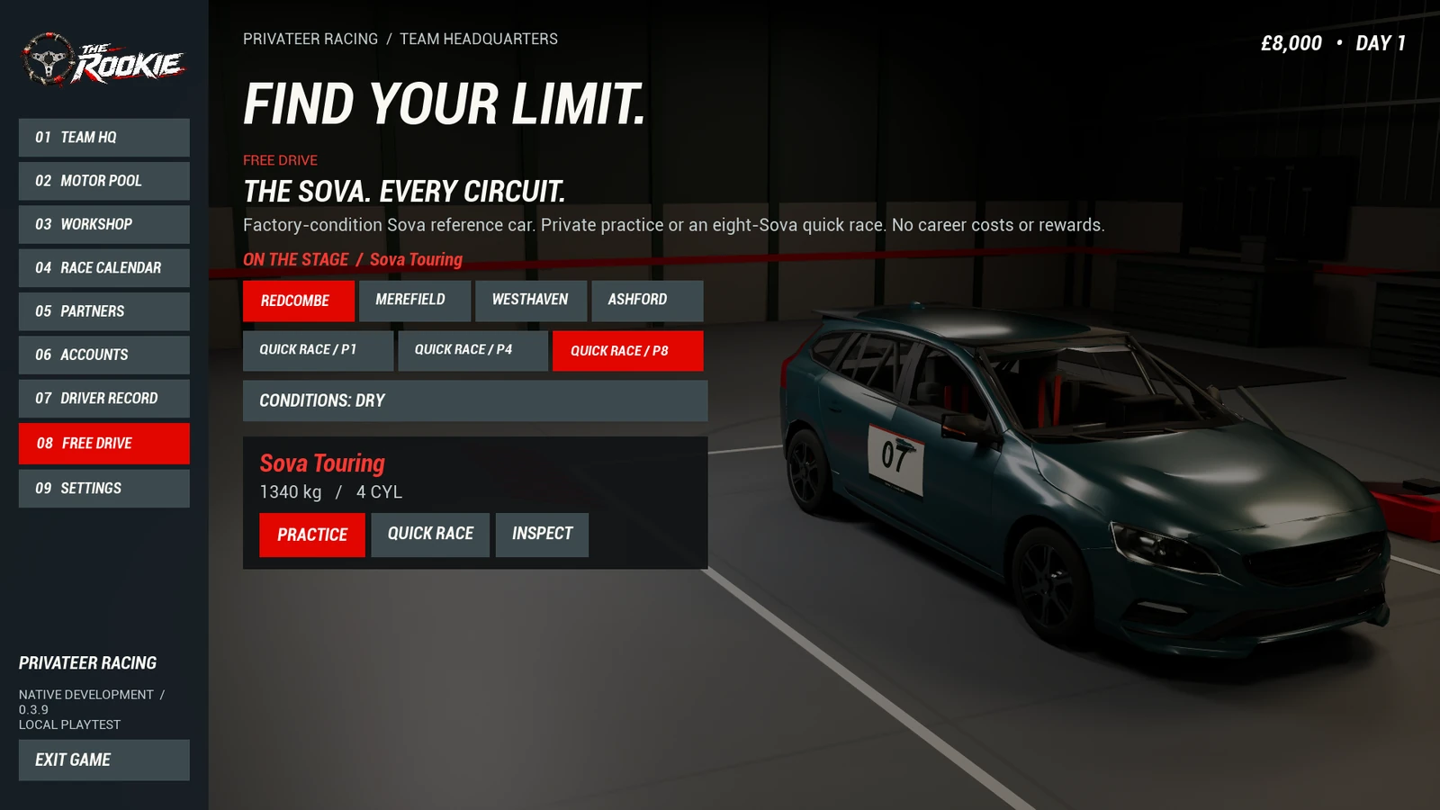 Native development build 0.3.9: the Sova in the workshop, with circuit selection, private practice, quick race and inspection controls.